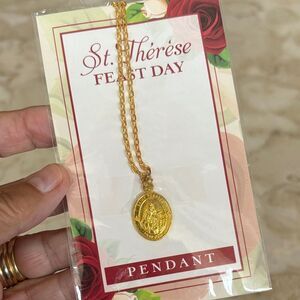 NEW! St. Therese of Lisieux Feast Day Gold Tone Oval Pendant Necklace